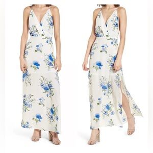 LUSH Beautiful and femenine White Floral Maxi Dress with Blue Rose Design